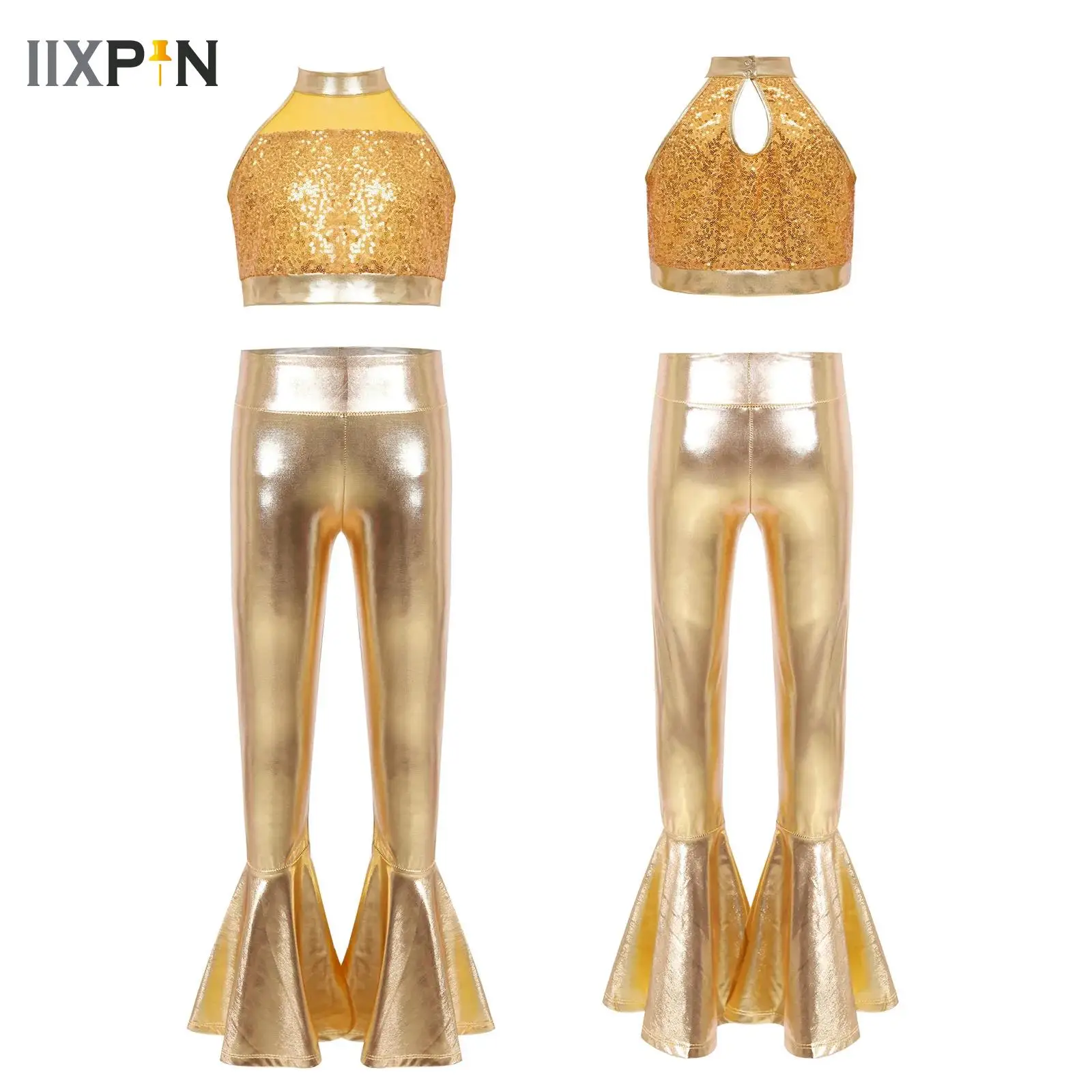 

Girls Sequin Jazz Dance Outfit Costume Shiny Crop Top with Street Flare Pants School Basketball Cheerleading Performance Costume