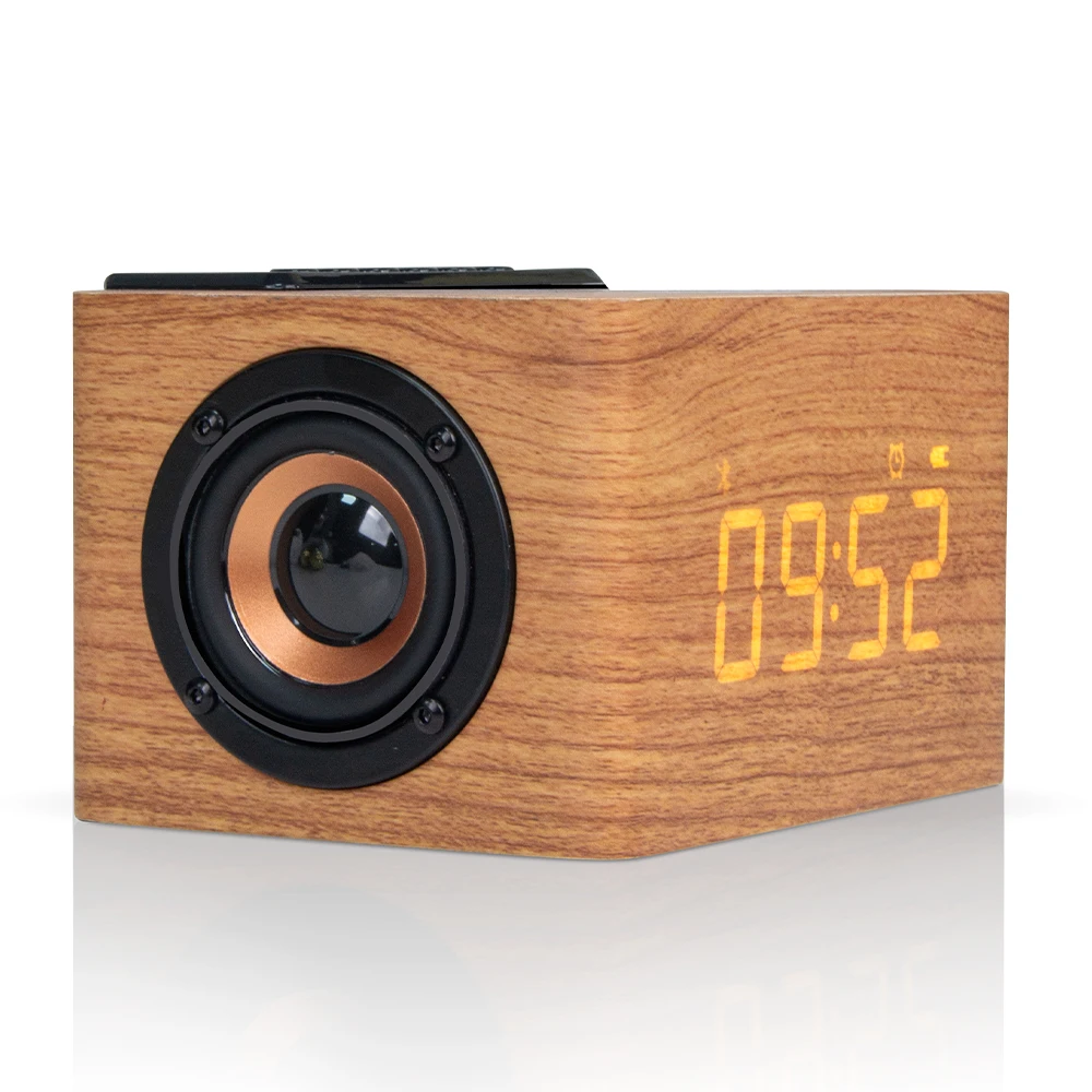 FANSBE Multi-function 10W Wooden Speaker Mobile Phone Universal Charger Desk Digital Alarm Clock Wireless