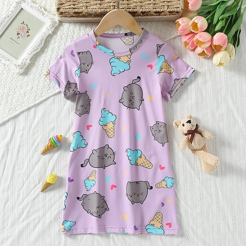 Girl's Summer Cute Printed Fashionable Dress, Comfortable Round Neck Knee Length Skirt, Cartoon Casual Home Skirt, Nightgown