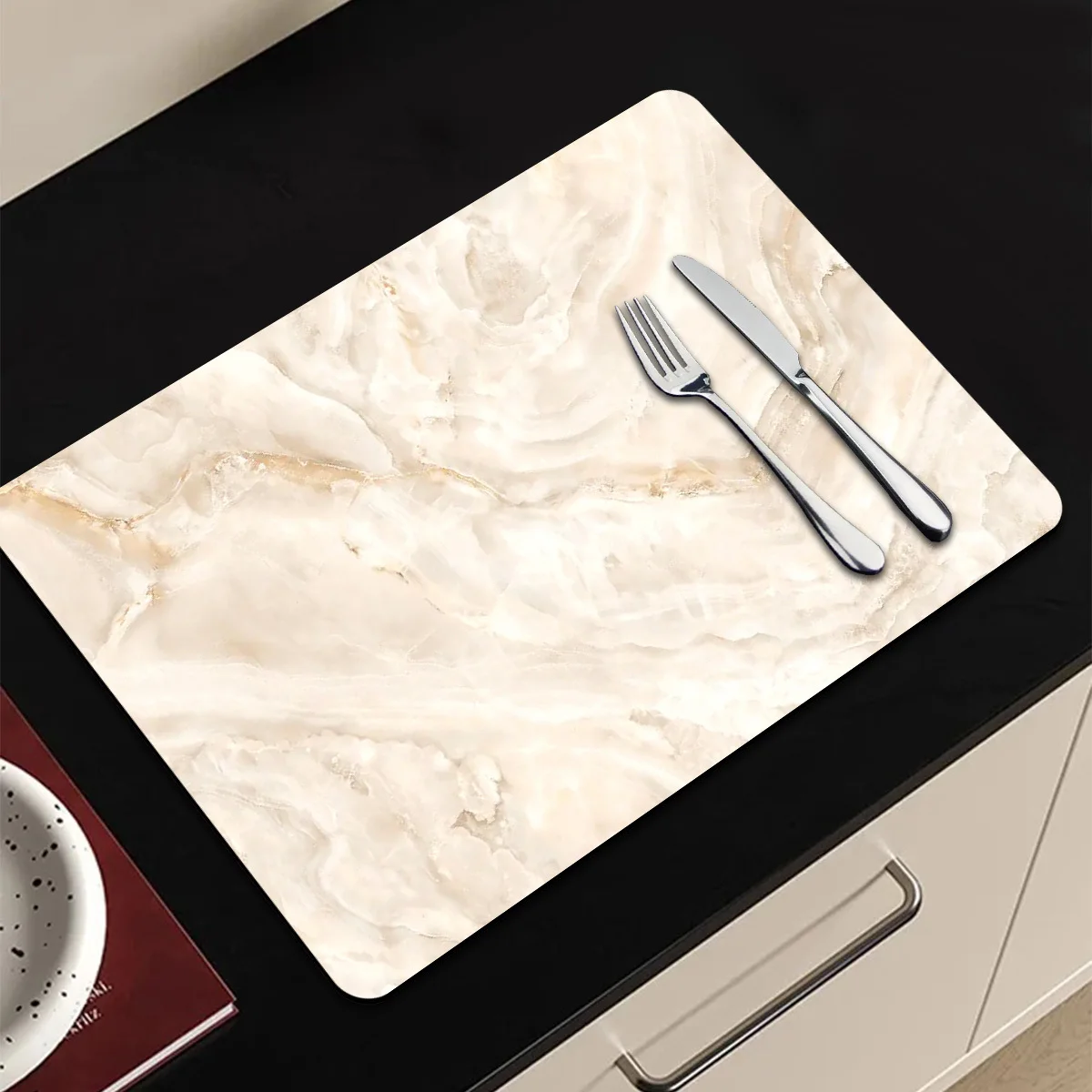 Beige Marble Print Absorbent Mat, Non-Slip Dish Drying Pad, Multi-Use Protective Mat for Coffee Machines and Kitchen Countertops