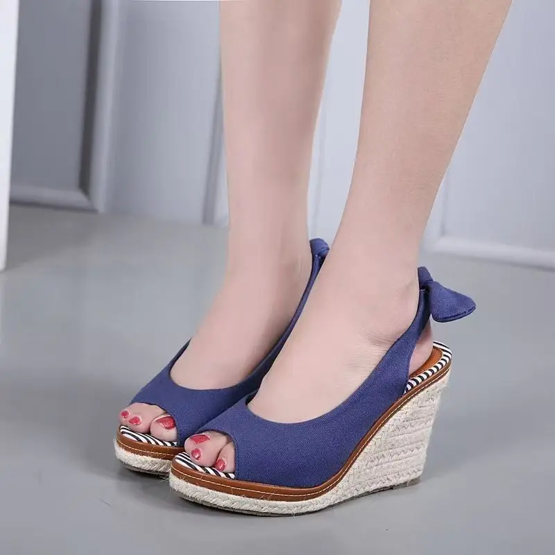 2026 Women Summer New Canvas Wedges Peep Toe Sandals Thick Sole Big size Breathable Bowknot Slip On Fashionable High Heel Sandal