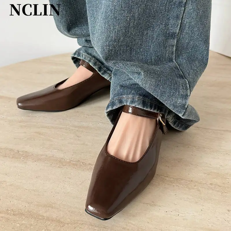 

2024 New Cow Leather Women's Shoes Thick Heels Square Toe Shoes Spring/Summer Mary Janes Shallow Women Pumps Zaptos De Mujer