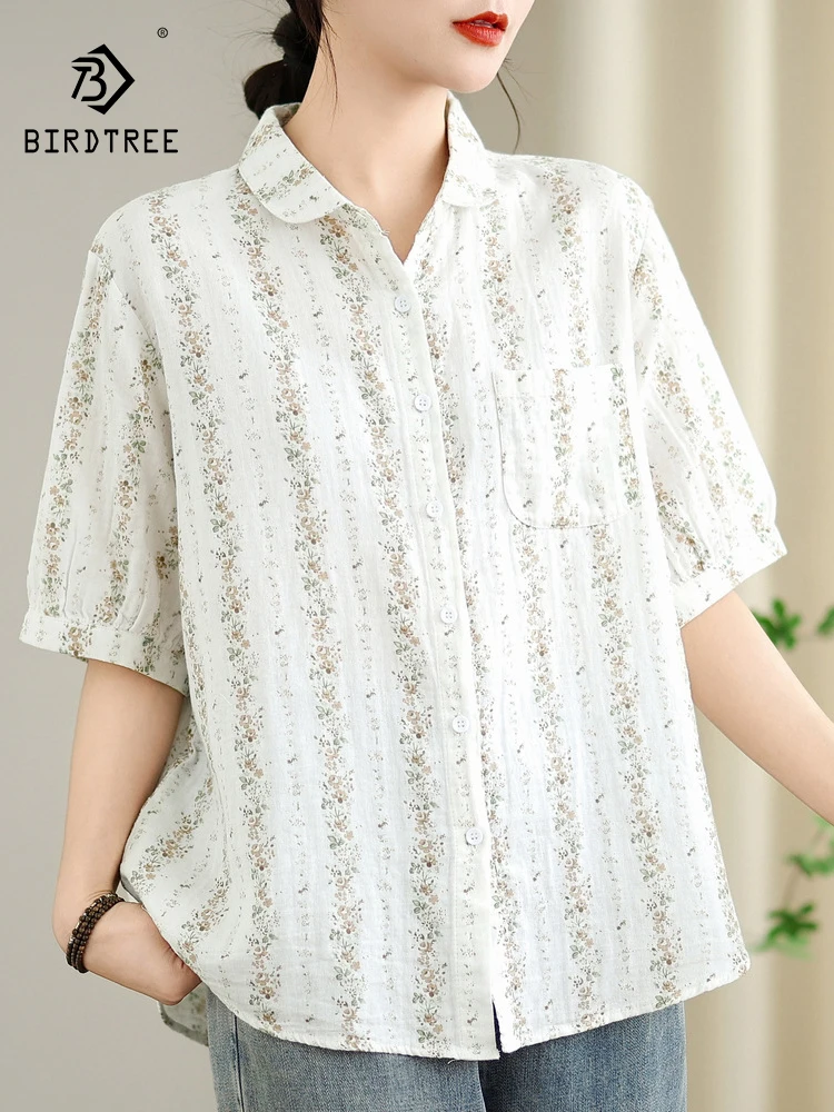 

New 2025 Summer Cotton Short Sleeve Shirt, Women Turn-down Collar Floral Printed, Mori Girl French Retro Loose Blouse T55922CC