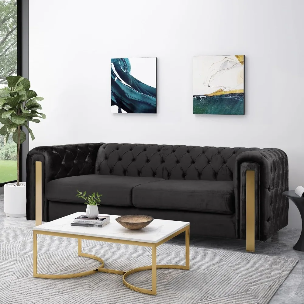 Comfy 3-seat Sofa with Tufted Back and Arm and Gold Iron Legs, Modern Couch for Living Room, Bedroom, Apartment, Office