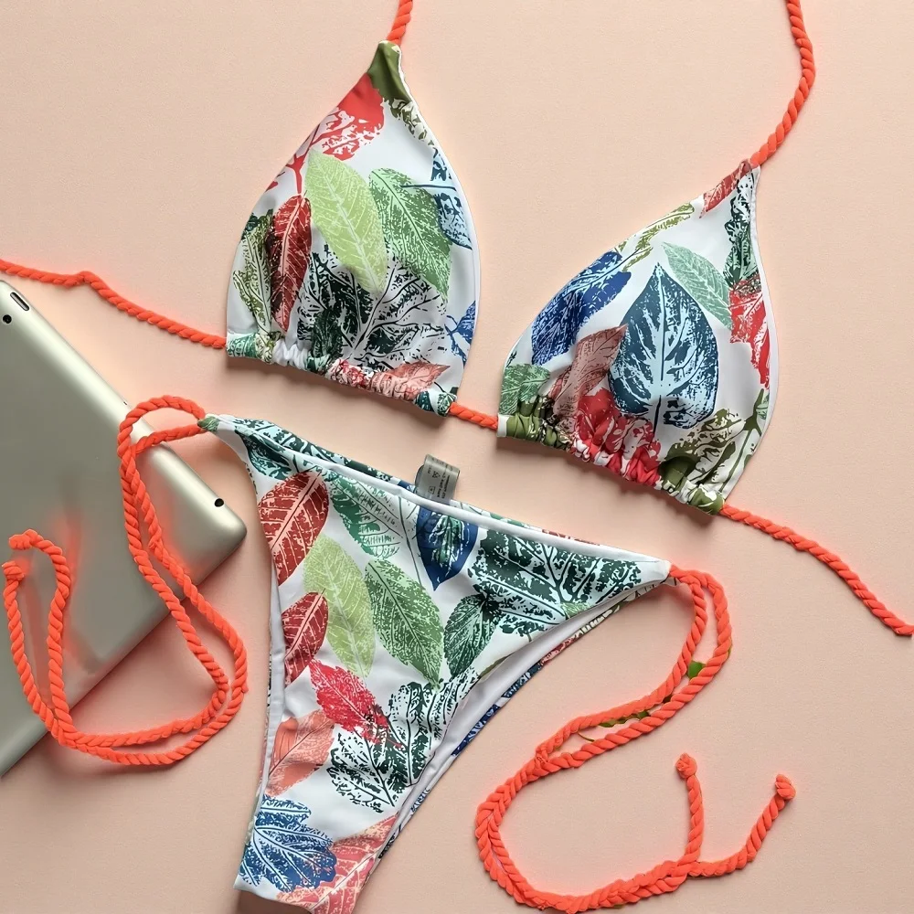 Rope tied bikini women's split swimsuit sexy 2-piece set with triangular leaf print beach swimsuit summer 2026