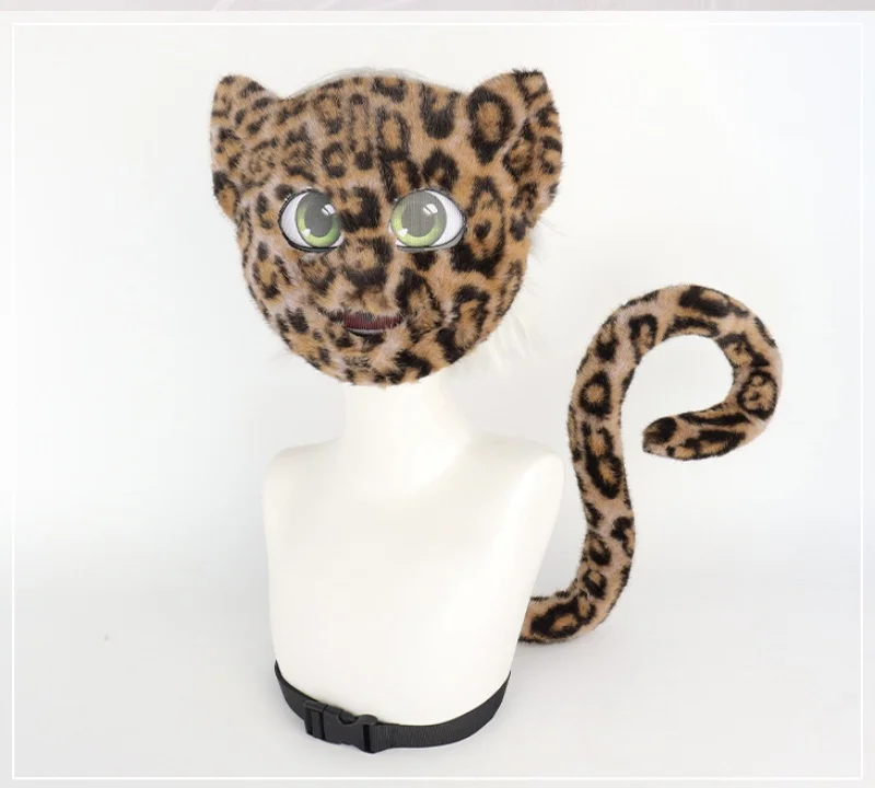 毛皮の猫マスクと尻尾セット かわいい動物コスプレコスチュームアクセサリー フェイクファー猫ヒョウ尻尾 ハロウィンパーティー アニメアクセサリー