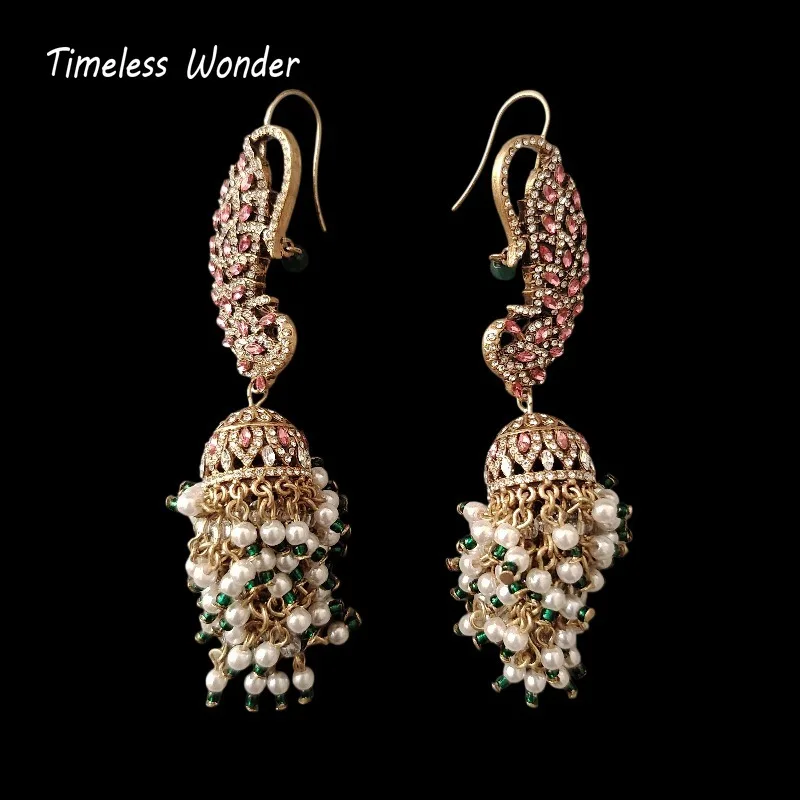 Timeless Wonder Retro Zircon Bird Geo Beaded Tassel Drop Earrings Women Designer Jewelry Chinese Style Rare Prom Gift Cute 2268