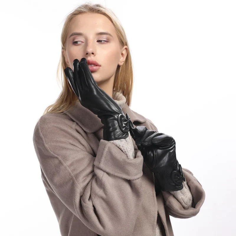 Sales Ladies Autumn and Winter Warm Outdoor Gloves Goat Leather Business Casual Black Fleece Thickened Gloves