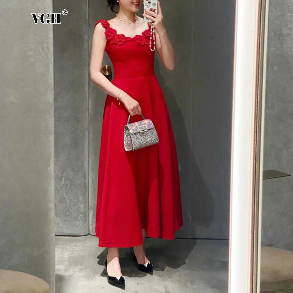 

VGH Solid Patchwork Appliques Slimming Dresses For Women Square Collar Sleeveless High Waist Temperament Long Dress Female New