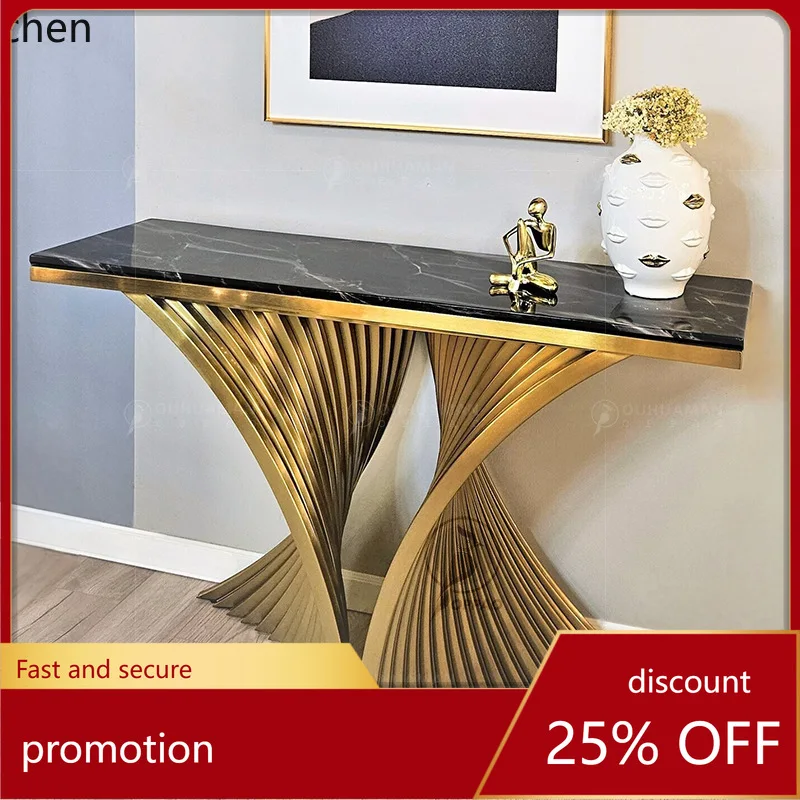 ZML stainless steel titanium marble entrance wall-mounted console table with tempered glass