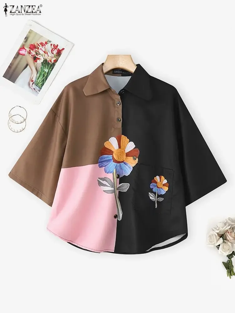 Women Tops ZANZEA Vintage Floral Print Shirt 2025 Summer Short Sleeve Pockets Elegant Blouse Fashion Buttons Office Work Blusas view 4