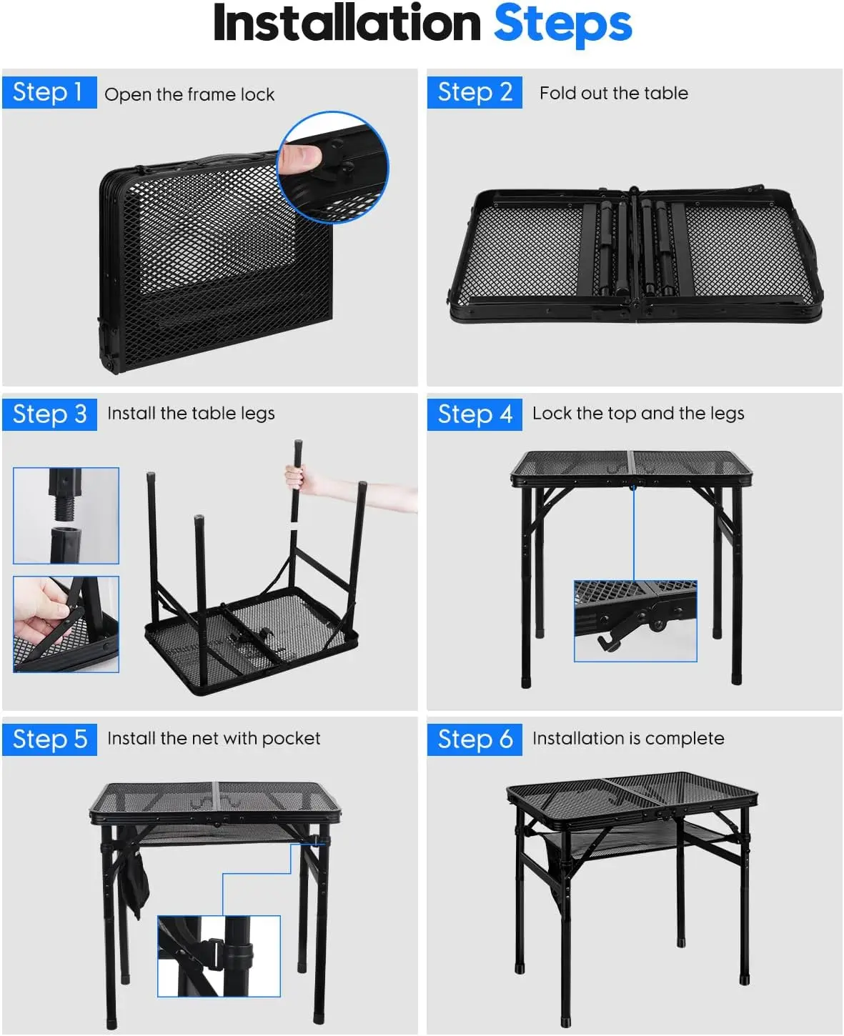 طاولة تخييم مع سطح مكتب شبكي، طاولة شواء خفيفة الوزن وقابلة للطي، طاولة خارجية للتخييم والطهي والشواء والمركبات الترفيهية والنزهة #5