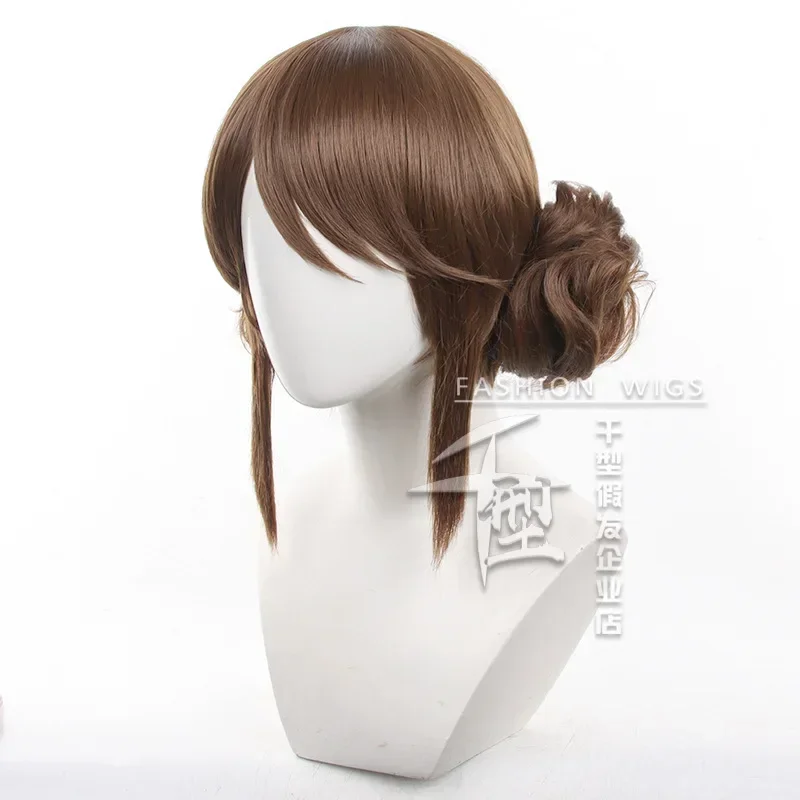 بستاني إيما وودز شعر مستعار للنساء 32 سنتيمتر شعر قصير مع الكعك شعر مستعار بني تأثيري أنيمي الباروكات مقاومة للحرارة بيروكات صناعية #3