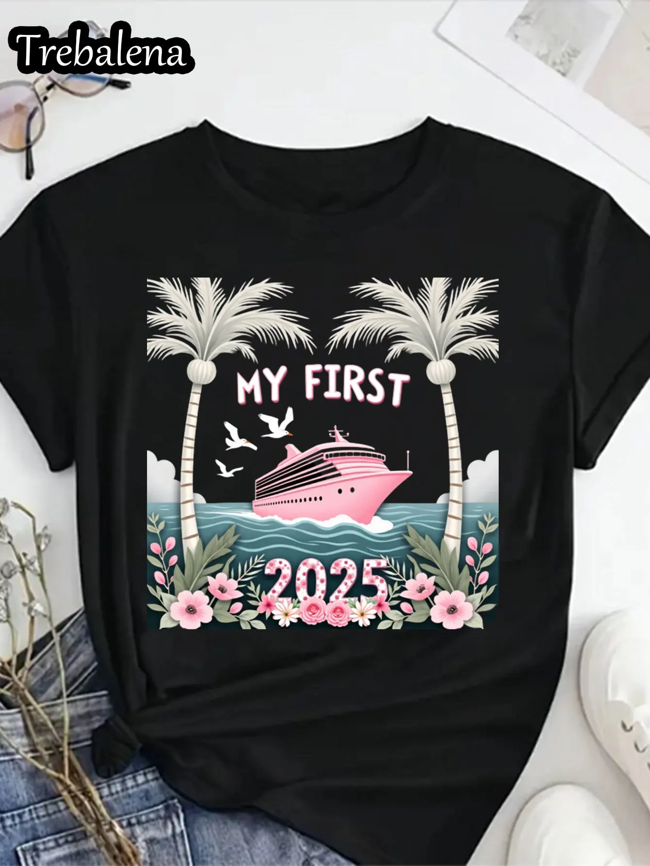 플러스 사이즈 여성용 티셔츠 내 첫 크루즈 2025 트로피컬 팜 비치 보트 여름 휴가 티셔츠 여성용 캐주얼 여름 착용