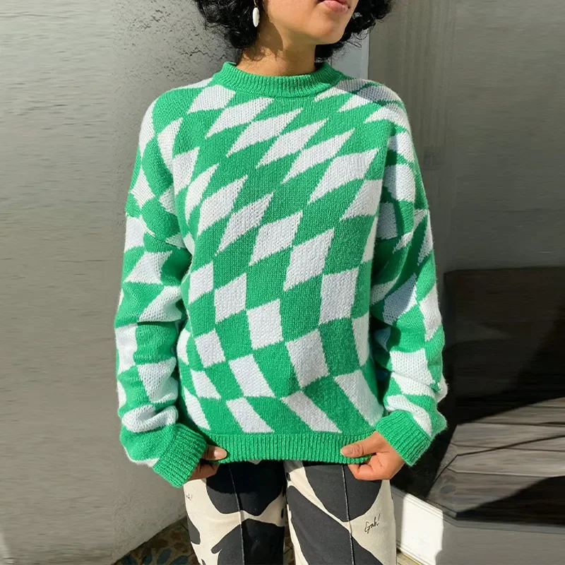 Plaid Women Knit Sweater Winter Streetwear Vintage O-Neck Loose Female Pullover Sweet Oversize Long Sleeve Checkered Pattern