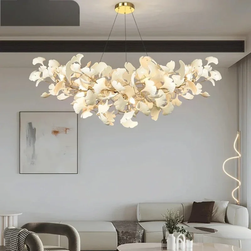 Italian Modern Long Ginkgo Leaf LED Pendant Light Living Room Bedroom  Exhibition Hall Gold and Silver Leaf Branch Art Lamp
