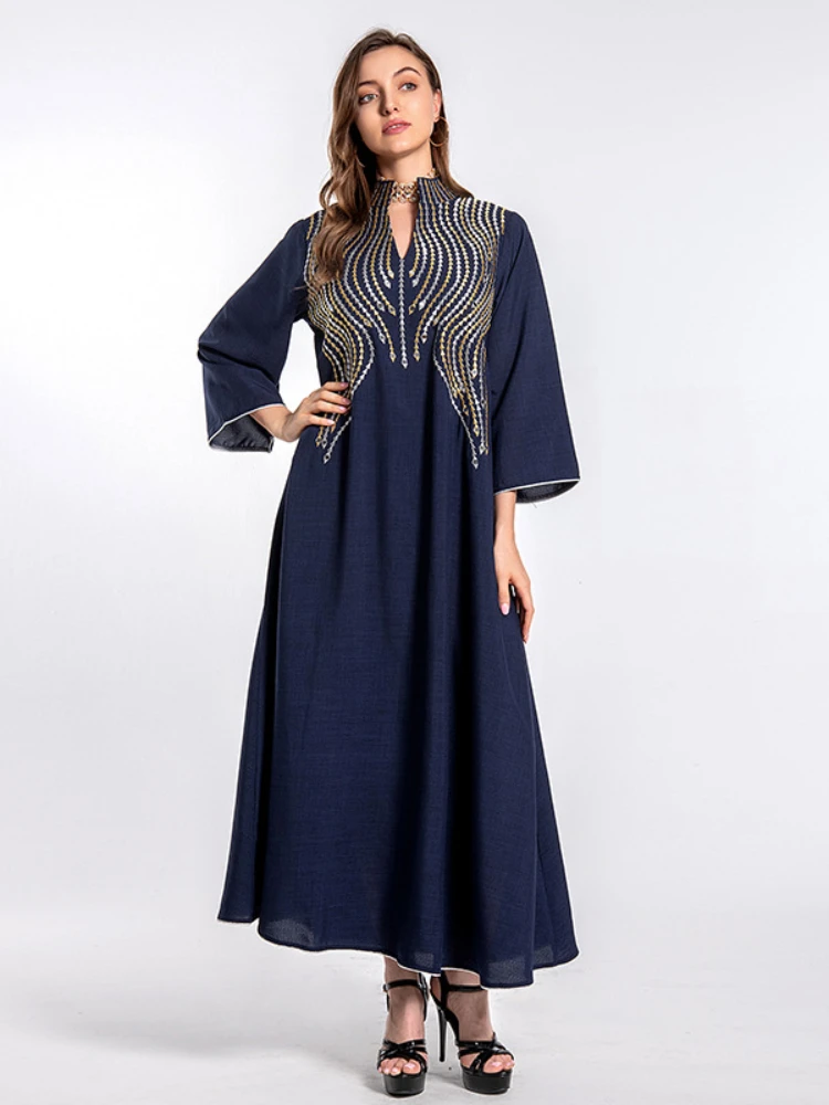 Eid Ramadan Dress for Women Muslim Stand Collar Embroidery Abaya Dubai Arab Moroccon Kaftan Islamic Gown Robe Party Vestido 2024