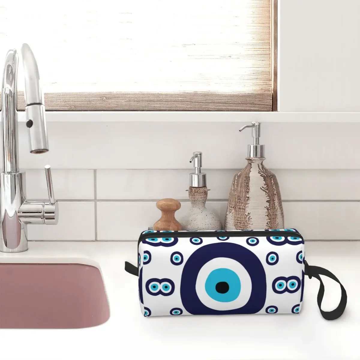 Navy Blue And Aqua Nazar Evil Eye Lucky Charm Makeup Bag Boho Cosmetic Bag Travel Toiletry Makeup Pouch Storage Purse Women