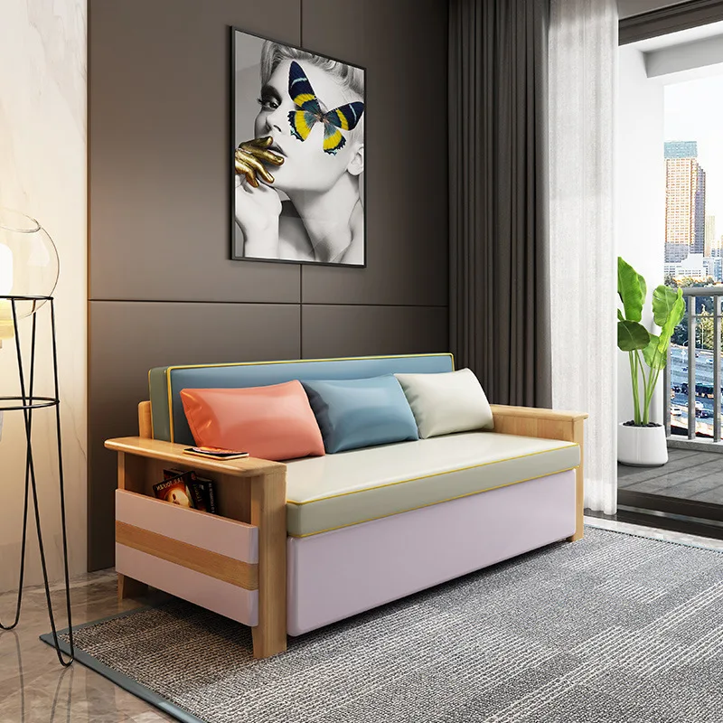 Solid wood sofa bed foldable dual-purpose living room multi-functional small apartment sitting single bed retractable