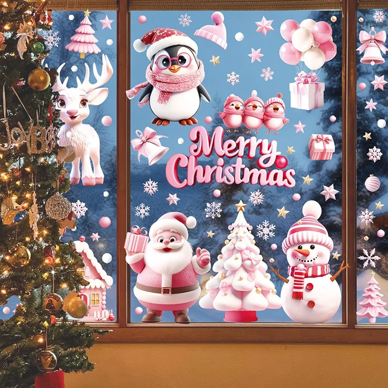 Weihnachten Fenster elektrostatische Aufkleber Schneeflocken Rentier Weihnachtsmann doppelseitiger Druck Wand Weihnachten Aufkleber Dekorationen