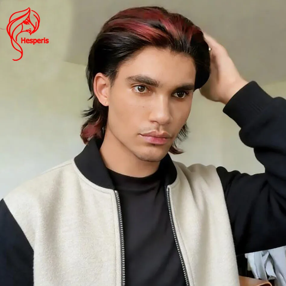 Hesperis Men's Short Pixie Cut Mullet Wig with Red Highlights Brazilian Remy Full Lace Human Hair Shaved Side for Male Styling