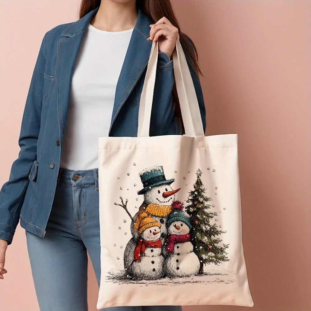 1pc, Reusable Grocery Tote Featuring a Snowman Family Design (35.05cm X 40.13cm), Perfect for Daily Shopping, Holiday Gifting, A