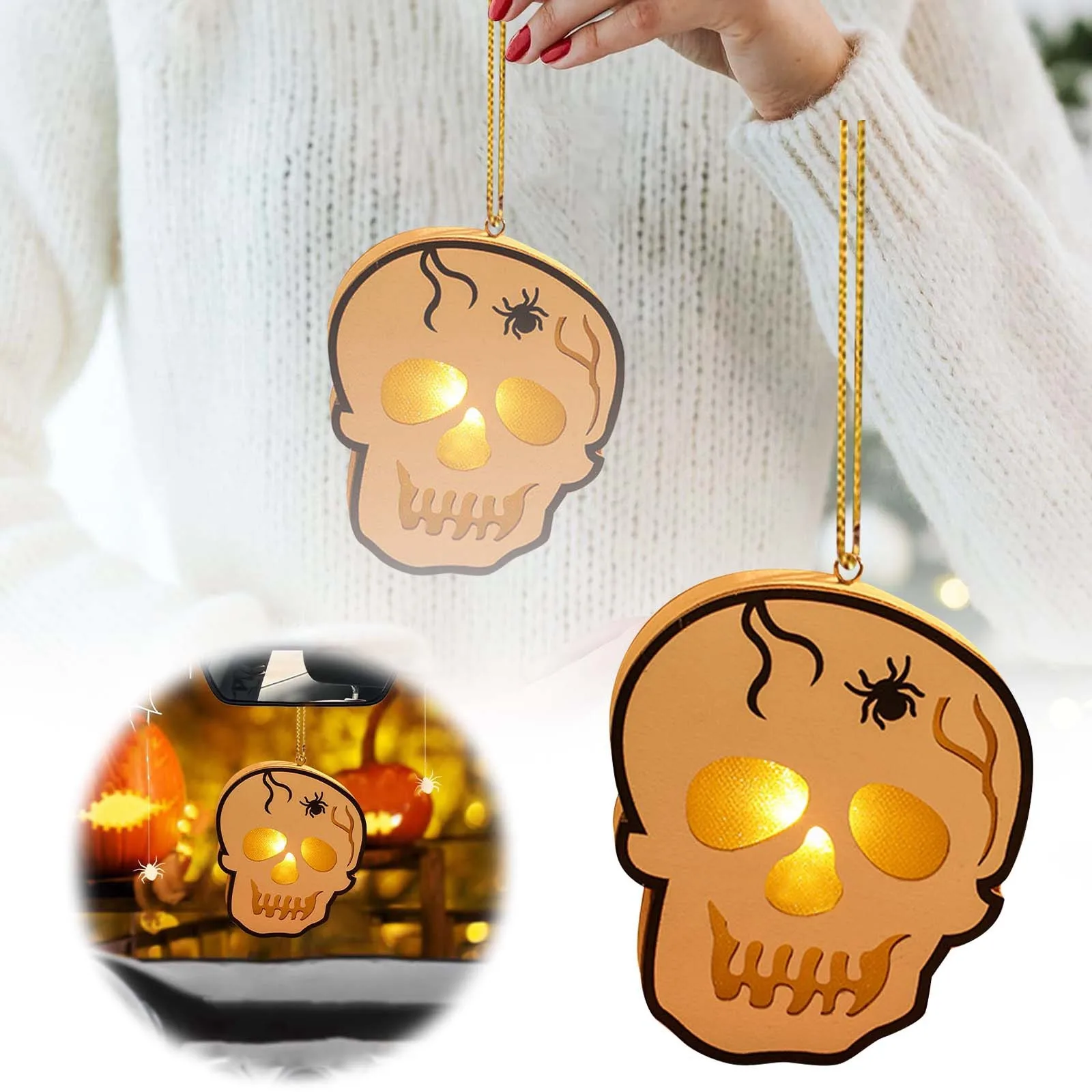 Pumpkin Lantern Handheld Halloween Atmosphere Decoration Wooden Skeleton Spider Halloween Scene Fun Pendant Decoration