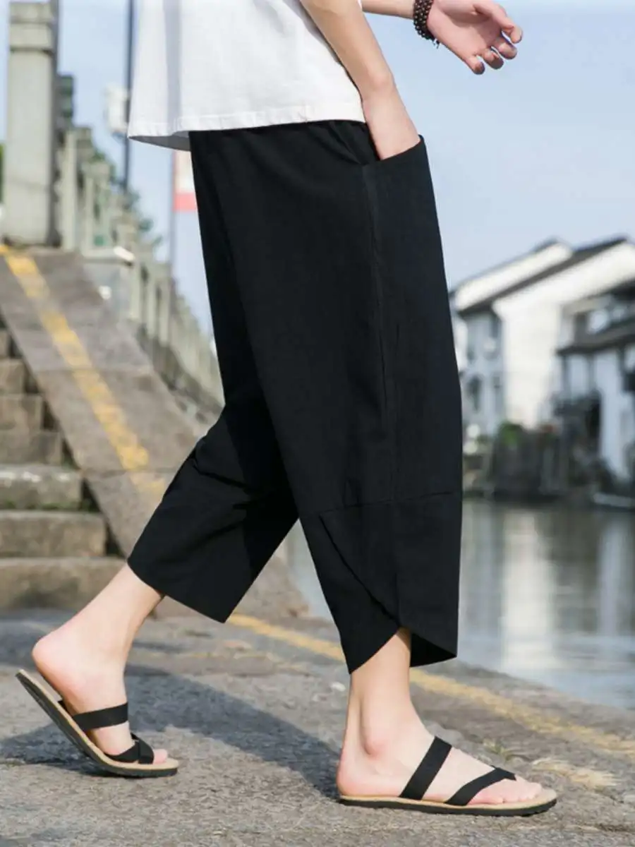 

Men's Beach Pants Seven-Foot orts Loose Thin Cotton-Linen Casual Summer Pants Breathable Lightweight Straight Leg Trousers