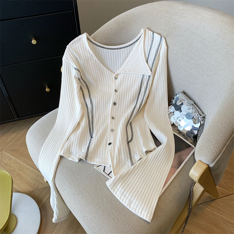 

Autumn Chic Irregular Long Sleeve Women Knitwear French Temperament Slim V-Neck Knitted Tops New Fashion Retro Ladies Sweater