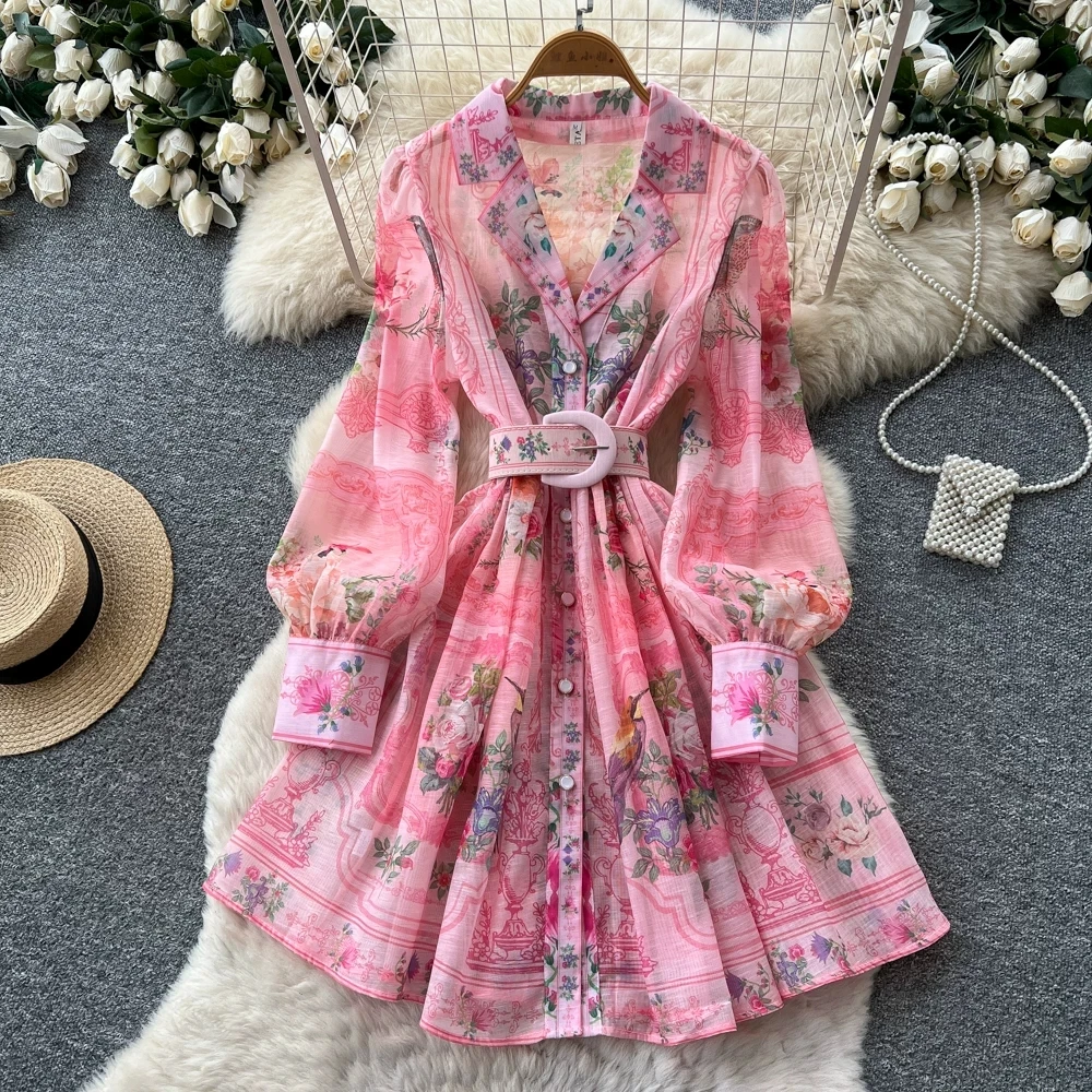 

Women Pink Floral Print Shirt Dress Long Sleeve Belted Mini Dress Elegant Chiffon Summer Party A-Line Dress Vacation Outfits