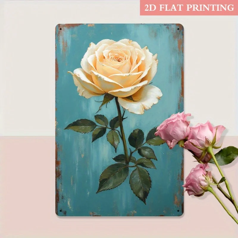 2D Flat, Cream Rose Iron Metal Decorative Sign, Elegant DecorCafe, Study, Art Studio, Valentine's Gift, Perfect for Room Decor