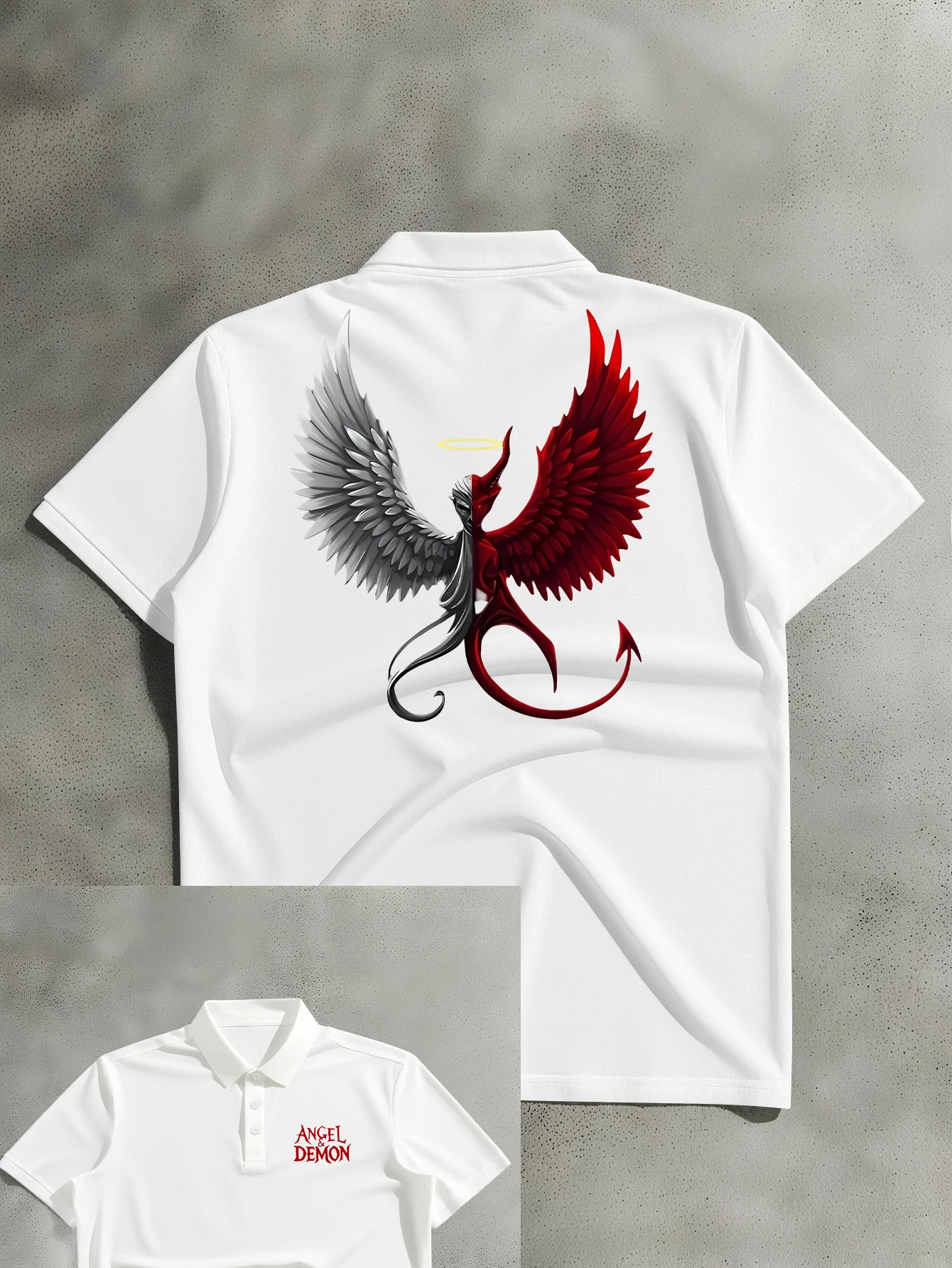 Trendy Men's Fashion Short Sleeved Polo Shirt with Black, White, and Red Contrasting Angel and Devil Elements Printed Polo Shirt
