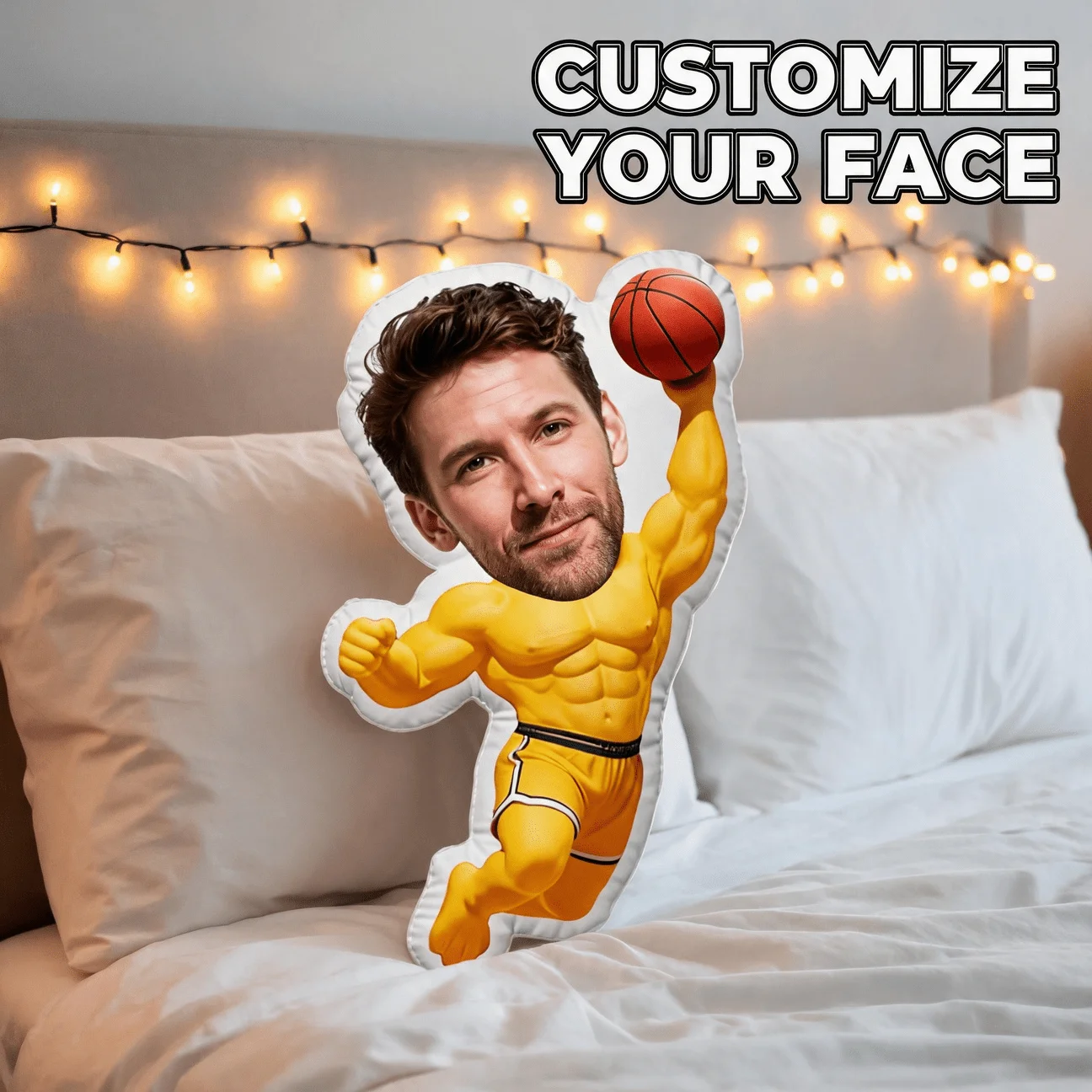Personalized Basketball Player Shaped Pillow - Custom Photo/Name/Number on Muscular Body, Cushion Suitable for Men, Husband, Boy