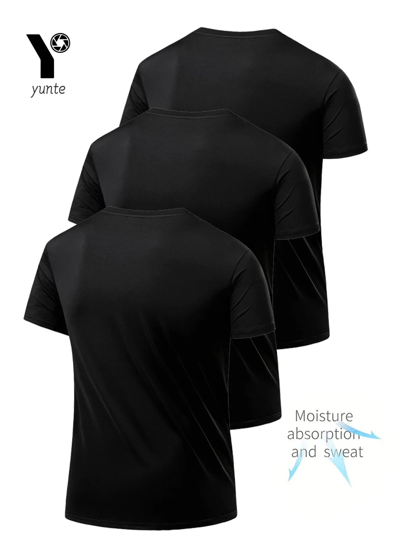 Round Neck T-Shirt 3-Piece Black Ultra-Light Men\'s Quick-Drying Breathable Sweat-Absorbent Shirt Suitable for Fitness Gym and Ru