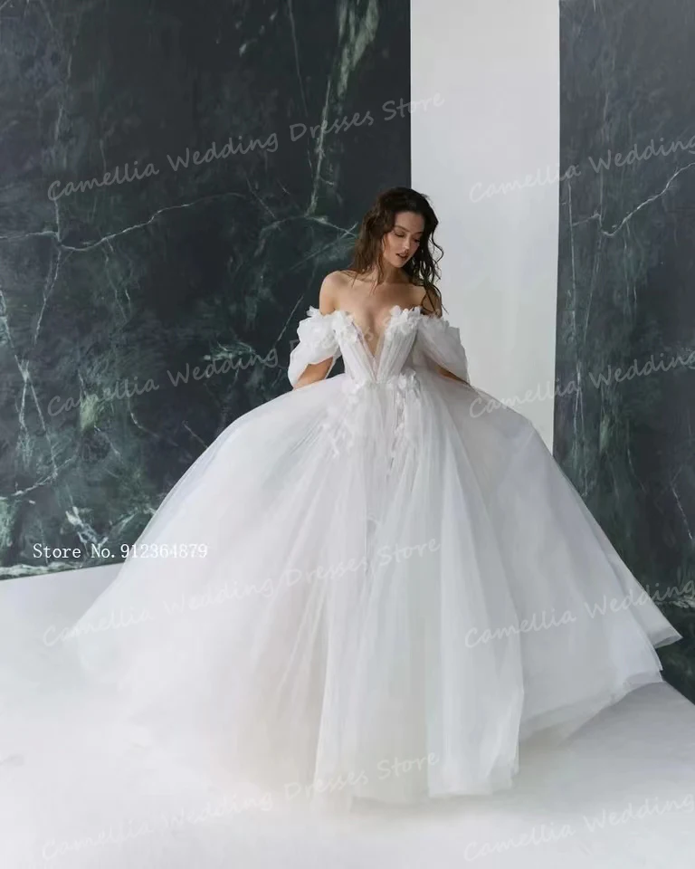 2024 abiti da sposa classici da donna una linea Sexy 3 D fiori abiti da sposa Sweetheart scollo A V Off spalla Tulle Vestidos De Novia