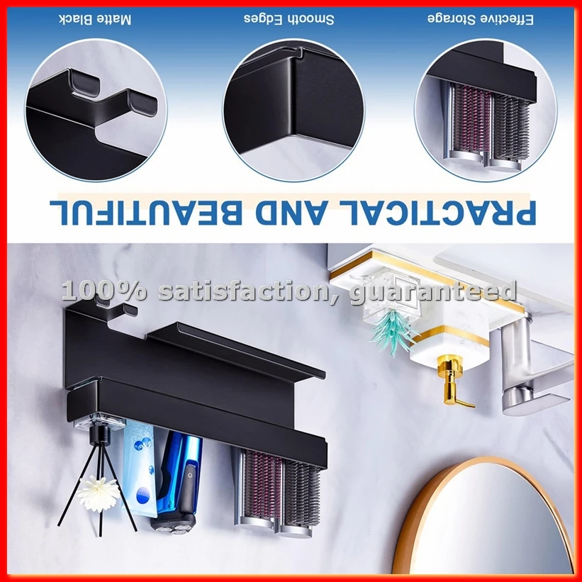 Blow Dryer & Styler Holder, Wall Mounted, Black, Bathroom Organizer Self-Adhesive Hair Dryer Storage Rack-A13G