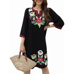 Eaeovni Women’s Mexican Embroidered Dress Floral Embroidered Dresses for Women Boho Peasant 3/4 Sleeve Fiesta Dress Casual Skirt