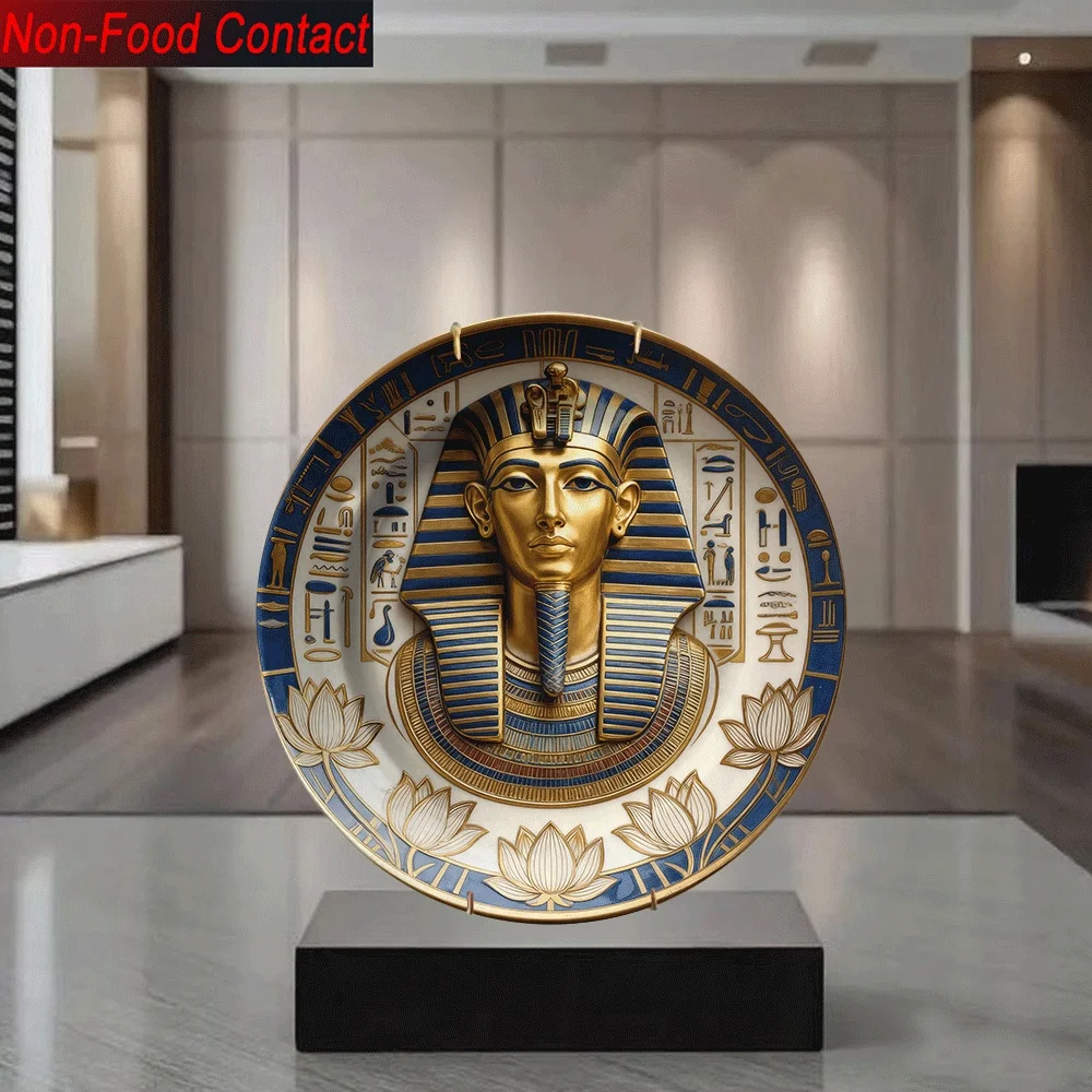 1pc Egyptian Tutankhamun Golden Mask Ceramic Decorative Plate - Non-Food Contact, Classic Round Home Decor for Living Room,