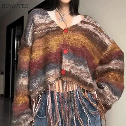 Tassel Knitted Cardigan Women Striped Vintage Sweater Casual Baggy Autumn Streetwear V-neck Personality Soft Кардиган Женский