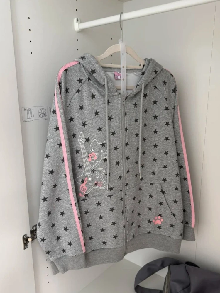 Y2K Kawaii Japanese Vintage Zip Up Hoodie Women Star Print Pink Striped Trim Cute Cat Guitar Graphic Loose Fit Casual Outfit