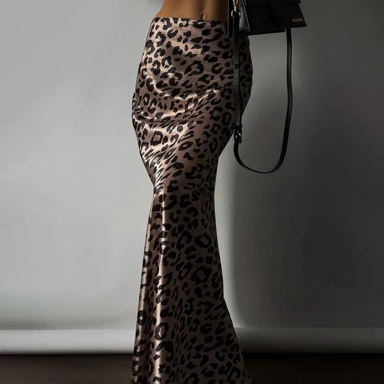 Evening Dress Spring Summer High Waist Midi Skirts Bodycon Maxi Skirt Sexy Satin Long Skirt Leopard Print Hips Fishtail Skirt