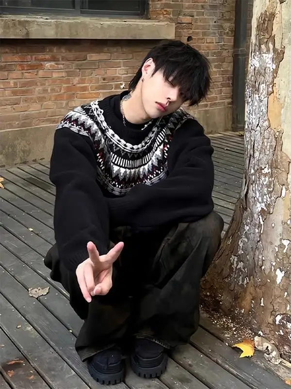 

Fair Isle Knitted Sweater Set for Life 24FW round Ne Lazy Sle American Autumn Winter Thiened Knitwear Casual Youth Faion