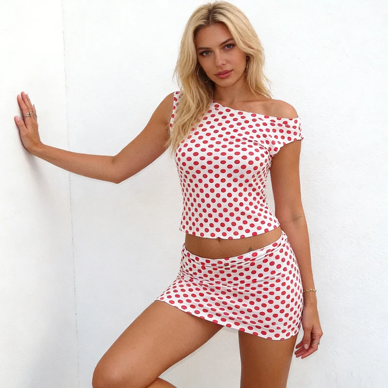 

Summer Polka Dot Sleeveless Short Tops Slim Fit Mini Skirt Fashion Women Two-piece Set Sweet Streetwear Skew Collar Bodycon New