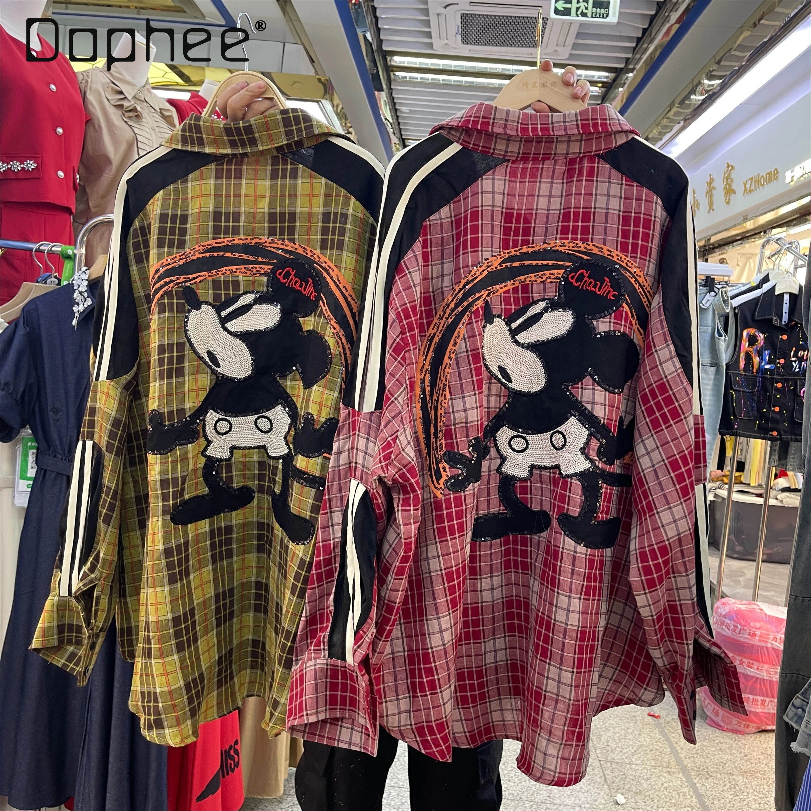 

Cartoon Embroidered Long-sleeved Shirt for Women's 2025 Spring and Summer New Loose Bright Thread Decorative Plaid Cotton Top