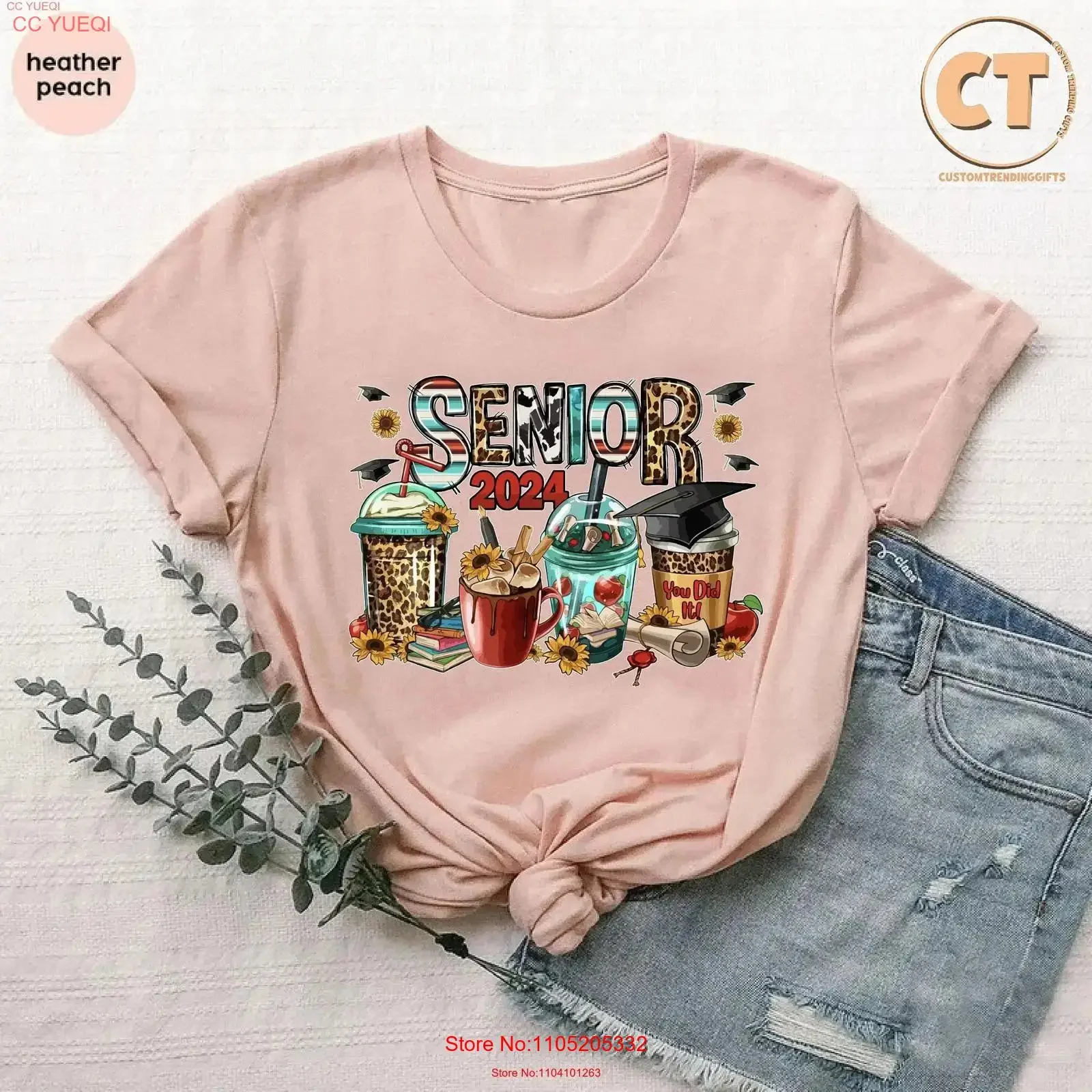 Senior 2024 Coffee Cups T Shirt Class of Graduation s Leopard Print You Did It Lover Grad vintage Washed Top For Everyday Wear