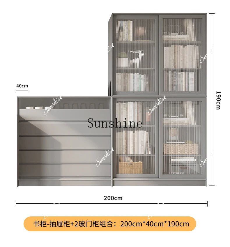 Italian minimalist bookcase solid wood combination glass door storage simple storage  FT