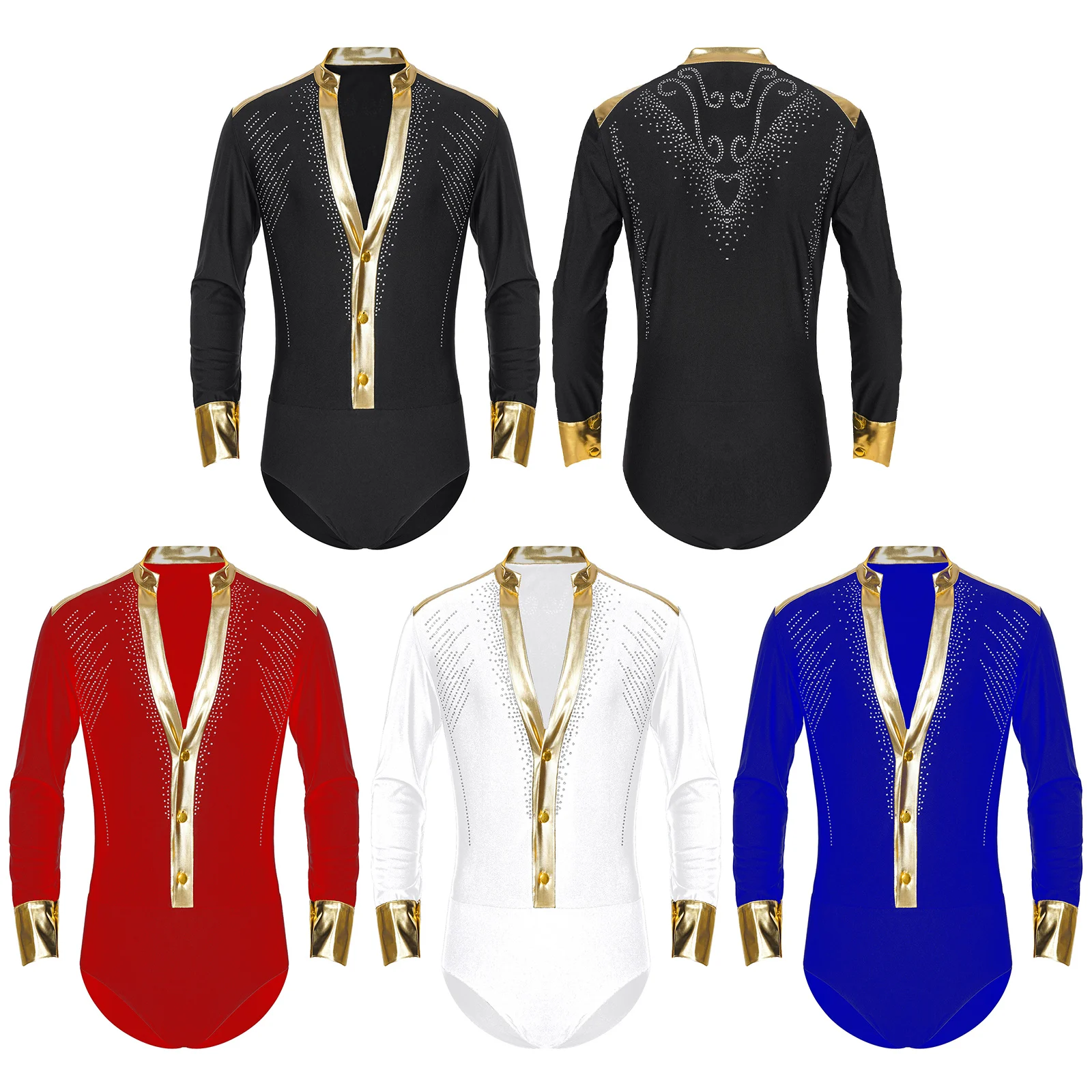 Mens Shiny Gold Trim scollo a V latino Dance body camicie manica lunga Tuxedo body Modern Jazz Chacha Rumba Costume da ballo