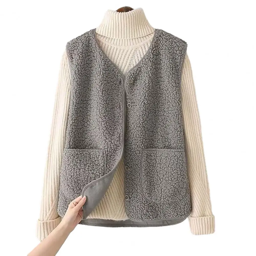 Chaqueta tipo chaleco para mujer, abrigo cálido de invierno, elegante chaleco con cuello en V, abrigo para mujer con bolsillos y cierre de botones, moda Otoño Invierno para mujer