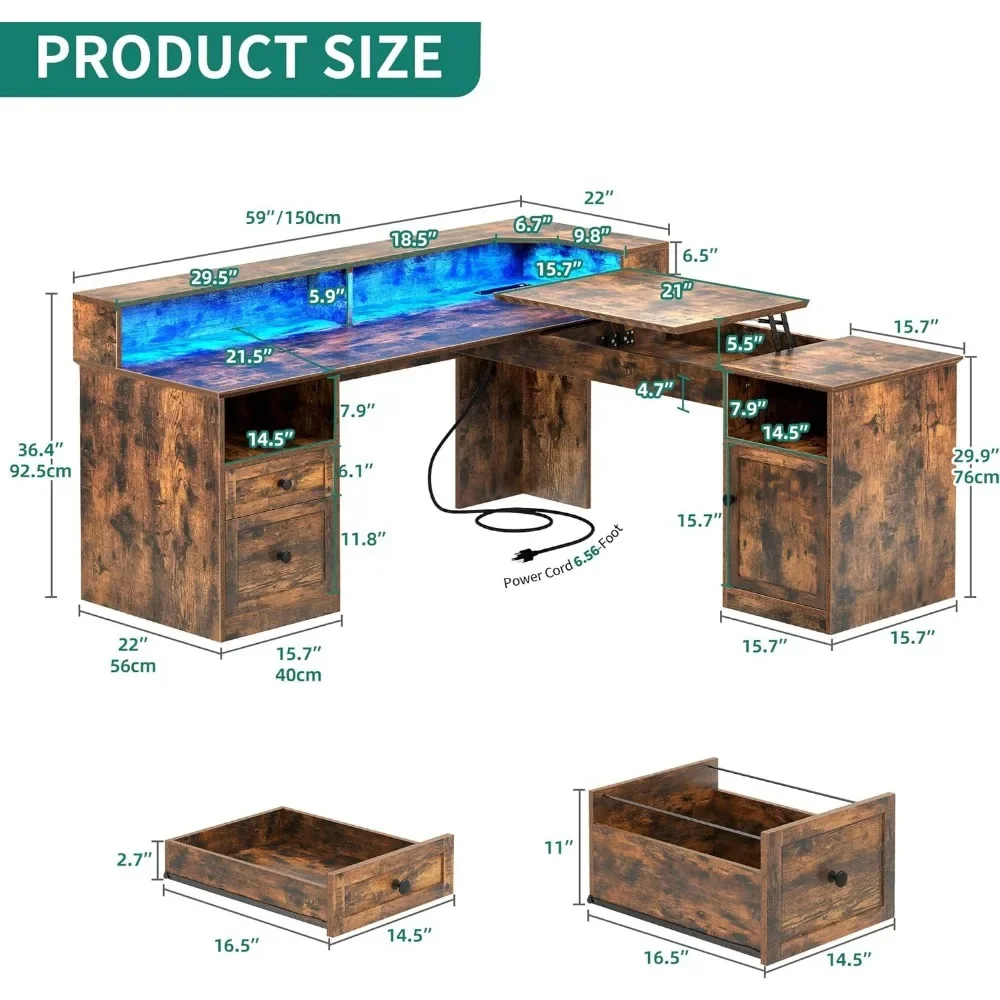 60” Corner Computer Desk With Drawers & Lift Top L Shaped Desk With Power Outlets & LED Lights Reading Table Freight free