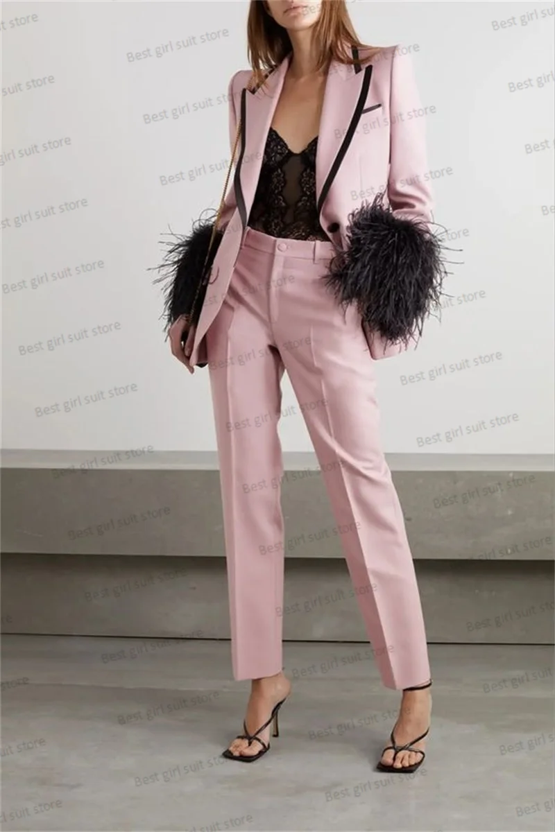 Straußen feder Frauen Anzug Set Blazer gerade Hose 2 Stück Ballkleid rosa schwarz Party Jacke Mantel volle Ärmel maßge schneidert